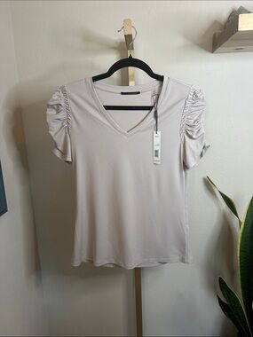 TAHARI  Ruched Sleeve V-Neck Top - Light Taupe